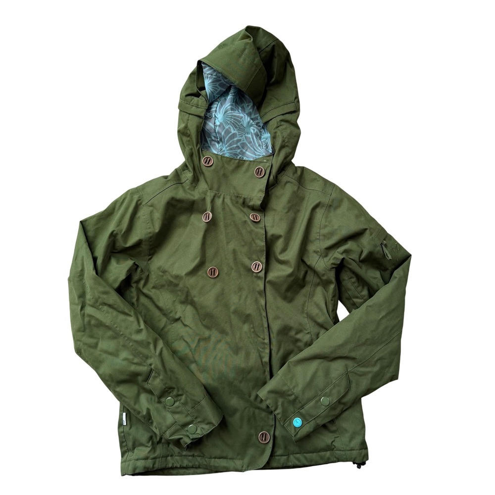 Olive Green Insulated Ski Snowboard Jacket Hooded Winter Snow Coat Women Medium